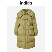 indicia 绿色大翻领羽绒服女中长款设计感冬季时尚标记女装
