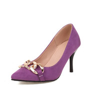 春夏紫色高跟鞋尖头金属链条蓝色，高跟单鞋大码4445464748