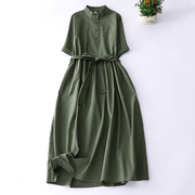 夏季进口亚麻文艺复古旅行长款连衣裙高腰腰带立领绿色裙子