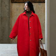 复古中国红羊毛呢大衣外套女 知笔墨高端宽松长款外套