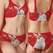 女明星模特兔年本命年内裤内衣，套装性感大红文胸属兔仙鹤印花胸罩