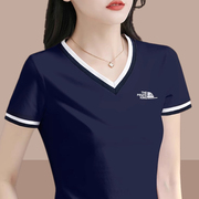 韩国宝蓝色v领短袖t恤女夏季2024洋气妈妈漂亮修身减龄上衣潮