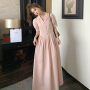 法式粉色高级感气质收腰显瘦衬衫连衣裙子女夏季2023百褶长裙