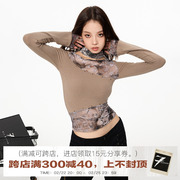 Xii Sette美式复古网纱拼接半高领打底衫长袖修身辣妹上衣T恤女潮