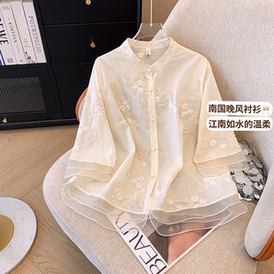 新中式国风刺绣拼接欧根纱衬衫女夏季高级感气质小衫配马面裙上衣