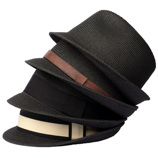 夏季男帽草帽复古黑色英伦爵士卷边设计师款帽子遮阳帽防晒帽