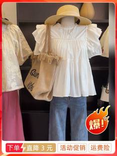 荷叶边白色衬衫女短袖，小个子气质泡泡袖遮肚显瘦娃娃衫雪纺上衣夏