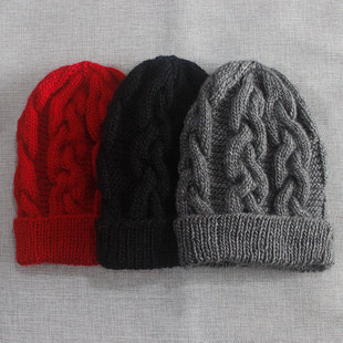 纯手工男女棒针针织羊毛翻边套头毛线帽冬天厚保暖大红帽子显脸小