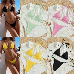 欧美泳衣女简约纯色三角比基尼性感小胸绑带三点式沙滩bikini