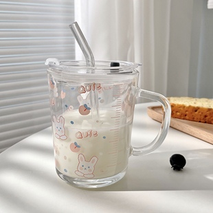 可爱牛奶杯女透明带把手，盖勺刻度吸管玻璃杯家用早餐燕麦喝水杯子