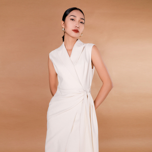 brandbymei可休闲可职业，ol优雅气质简约无袖，不规则绑带西装连衣裙