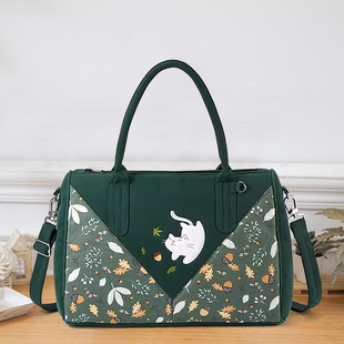特！日本设计Kine猫纯棉小清新托特包单间斜挎包旅行包女士行李袋