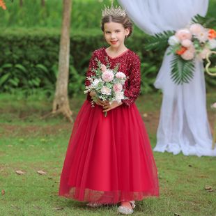 欧美长款礼服红色亮片，婚礼公主裙小主持人长袖，网纱裙蝴蝶结连衣裙