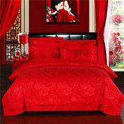 床上用品大红色结婚四件套纯棉贡缎提花婚庆床单被套床品