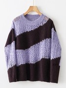 慵懒风镂空紫色条纹，毛衣女(毛衣女)春季2024宽松薄款中长款针织衫上衣
