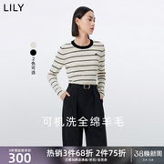 lily女装可机洗全绵羊毛，复古条纹长袖修身针织衫打底衫