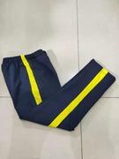 订做纯棉中小学生男女校服长裤，深藏蓝色拼黄色，宽杠运动休闲校裤