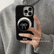 ANNACASE韩国ins黑色小波点蝴蝶结支架磁吸手机壳适用于iPhone15pro14promax苹果13pro全包12防摔保护套