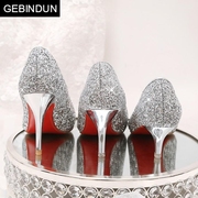 gebindu结婚鞋子女银色高跟鞋细跟2024春秋新娘鞋3cm低跟鞋百