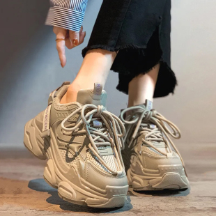 厚底老爹鞋女款2023春秋，增高黑色时尚，休闲运动鞋浅口网面单鞋