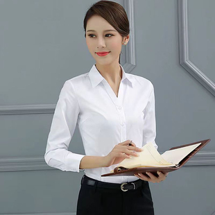 白衬衫女长袖V领上衣2023秋季职业装修身工装工作服黑色衬衣