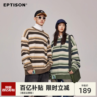 eptisonmeta秋季日系复古条纹毛衣，嘻哈风粗线条纹圆领套头针织衫
