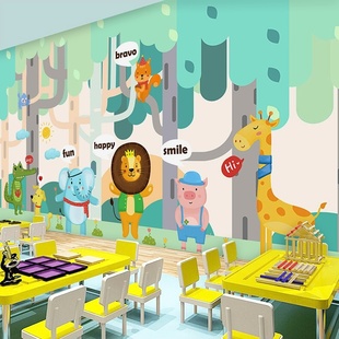 卡通森林动物乐园壁纸英语教室教育机构早教幼儿园儿童房装修墙纸
