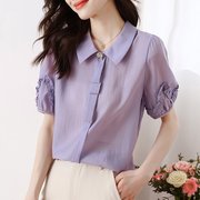 法式紫色雪纺衬衫女士，夏季2024年设计感短袖衬衣时尚洋气小衫