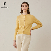 polowalk黄色针织衫女士2024春季款温柔绞花质感，上衣圆领开衫外套