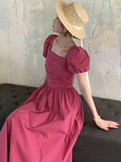 法式方领泡泡袖显白玫红色连衣裙女夏季显瘦高级感甜美气质长裙
