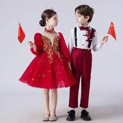 六一儿童合唱演出服男女童，红色主持人礼服中小学生表演服装公主裙