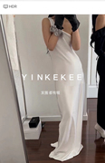 YINKEKEE（3.10上新）韩版洋气缎面质感高级感斜肩连衣裙女