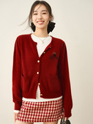 ron新年红色绵羊毛针织开衫2024春季高级感别致漂亮圆领上衣T