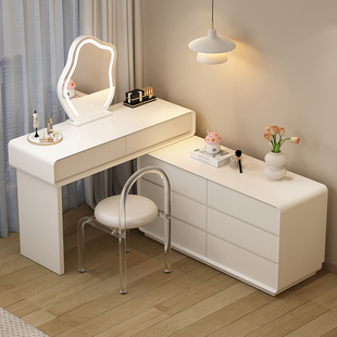 法式简约奶油风梳妆台卧室，小户型小型实木化妆桌，高级感收纳柜一体