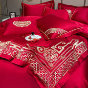 高档中式刺绣婚庆四件套，大红色全棉床单，被套结婚床上用品六件套新