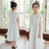 女童连衣裙夏季2024中大童，洋气花边袖纯棉，镂空刺绣儿童白色公主裙