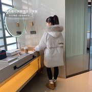 女童中长款连帽羽绒服2022冬装，中大童毛领90绒派克服儿童外套