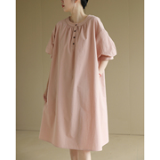 天然出品粉色复古圆领棉质，短袖连衣裙女宽松中长裙夏新法式qa5606