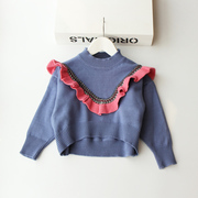 女童毛衣春秋装儿童甜美荷叶，边拼色针织衫蝙蝠袖宝宝宽松线衣