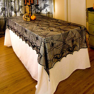 万圣节蝙蝠桌布黑色蕾丝鬼节，蜘蛛网桌布家庭餐桌party布