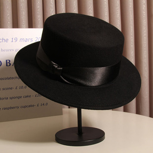 帽子女秋冬黑色平沿礼帽，英伦复古羊毛毡帽时尚，百搭法式毛呢平顶帽