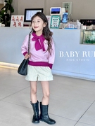 韩版女童装儿童秋冬装，淑女拼色长袖宝宝，套头毛衣针织衫条绒靴裤