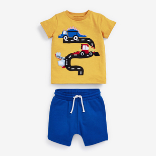 男童纯棉短袖t恤套装宝宝，夏季两件套儿童小汽车，半袖休闲短裤子2件