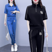 胖mm韩版气质字母上衣，+裤子两件套2023年夏季休闲运动套装女