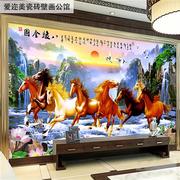 中式电视背景墙壁纸客厅山水画马，到功k成影视，墙壁布八骏图装饰