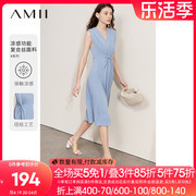 Amii2024春季V领扭结连衣裙高级感背心裙垫肩小黑裙长裙修身