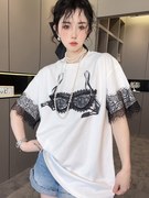 rrfashion短袖t恤女2024夏季中长款拼接蕾丝，圆领宽松小衫