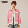 tsmlxlttt潮牌春秋梭织外套，女流行小香风刺绣上衣粉红色撞色夹克