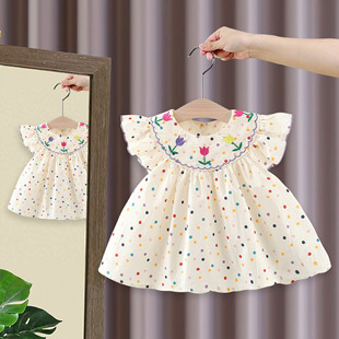 女宝宝短袖连衣裙夏装小女童，飞袖圆点娃娃裙婴儿衣服一周岁棉裙子