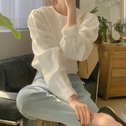 韩国2024秋季雪纺长袖上衣法式泡泡袖圆领白色衬衫女